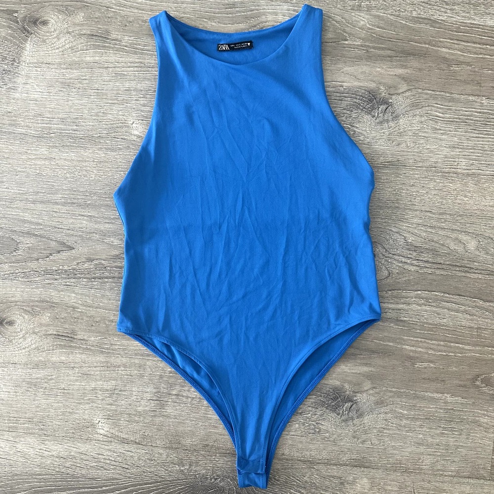 Zara High Neck Blue Bodysuit Size L